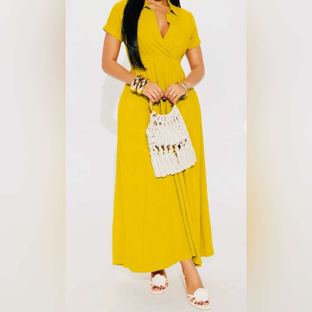 Fashion Nova Linen Mustard Maxi Dress Cottagecore Boho Casual NWT